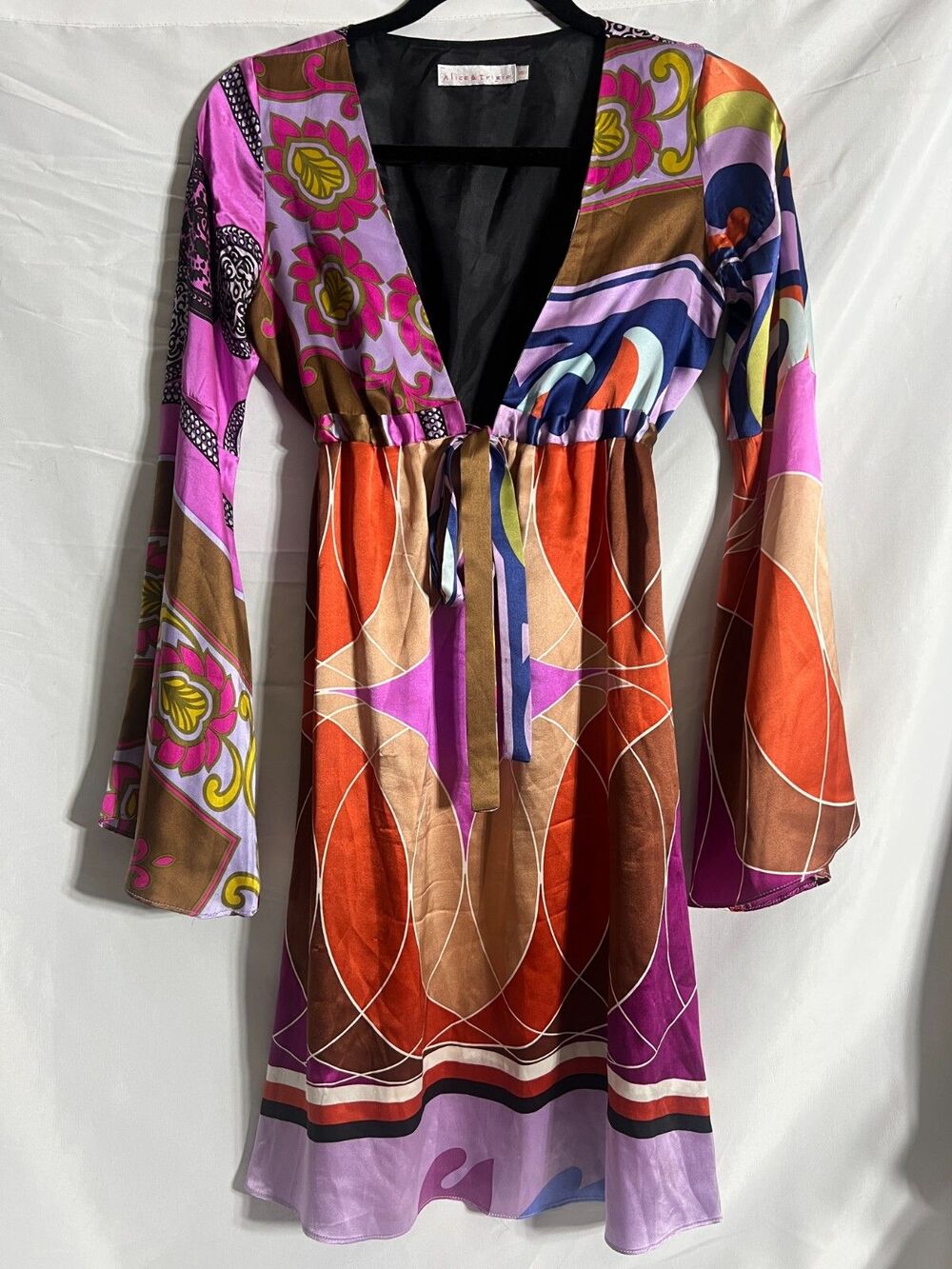 Alice & Trixie Silk Tie Front Dress Abstract Print Shift Tunic Mini Boho Retro S